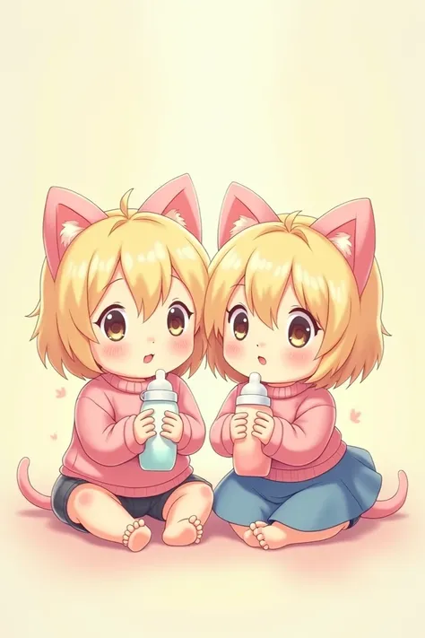 Anime illustration of two babies with baby bottles and pink cats ears and blonde hair with pink sweater and blue skirt 