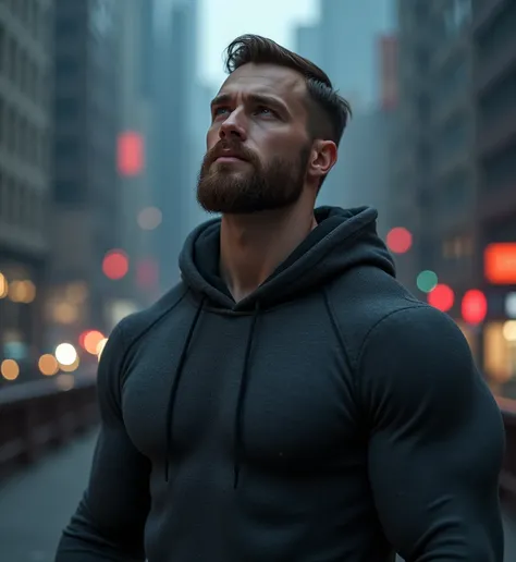 (photorealism1.2) very beautiful adult 34 years old man, light skin, brown medium straight hair, brown low beard, blue eyes, super massive big muscles, giant muscular body, wide muscular arms, thin weist, black hoodie, grey sweater, calm smile face, lookin...