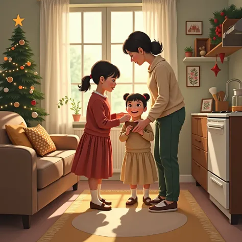 a girl helping her mother to clean the house on a Christmas morning in a mid-century style