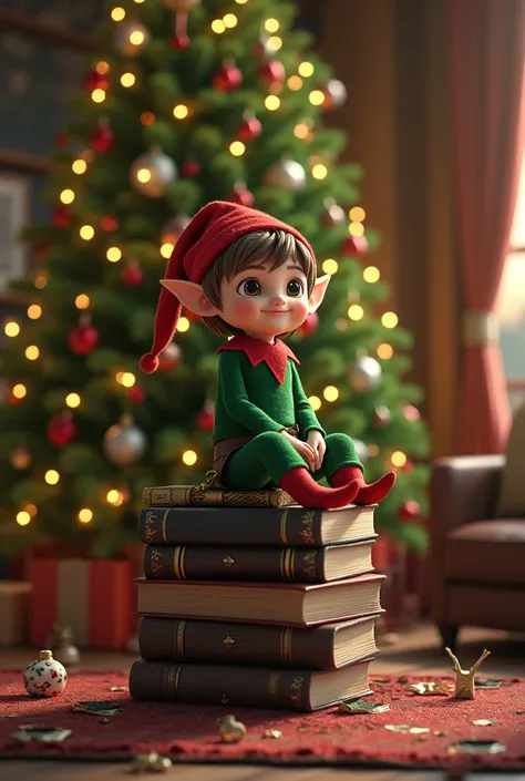 An elf on a pile of books ,  in a living room with a Christmas tree 