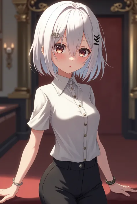 tight clothes, white hair, shy, rich big anime 