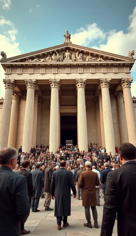 An image showing the exterior of the assembly building in Athens with a crowd of men gathered outside. The scene is lively, showing their anticipation as they prepare to enter for an important decision-making session."