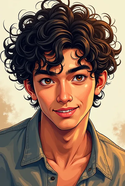 Draw me a picture of a young man with curly hair in manga style