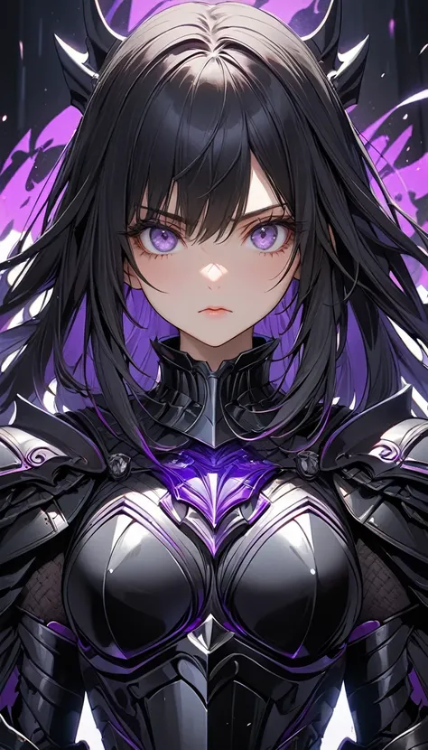 adult girl, very long black hair, serious, purple eyes, darth armor, dark knight armor, warrior, purple elements, Masterpiece, best quality, Full HD, 8k, ultra details, great graphic, anime style, 2D, detailed eyes, beautiful eyes, beautiful face, beautifu...