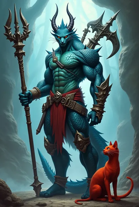 Blue man with some dragon scales with a trident in his hand and sickle and spear and azagaia on his back and with a red cat 