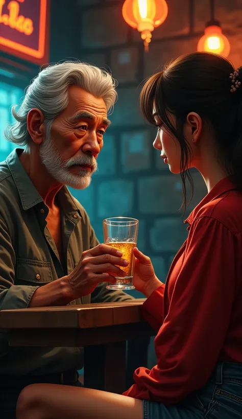 A Thai man 65-year-old with gray hair, gray mustache, gray chin hair, drunk, holding a glass of water, handing a glass of water to a 19-year-old Thai woman who is drunk, beautiful, sexy, wearing a red shirt , atmosphere in the pub Thailand,realistic image,...