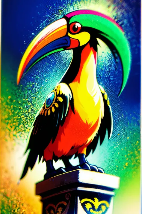 A majestic toucan infused with the vibrant and powerful aesthetics of Aztec culture. The birds feathers are adorned with intricate patterns and vibrant colors, resembling Aztec ceremonial attire. Its large beak is elaborately engraved with glyph-like carvi...