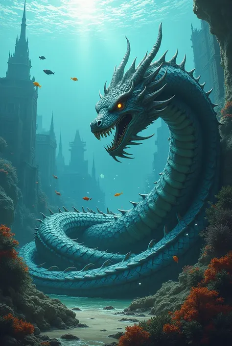 Giant sea serpent on the seabed near a city 