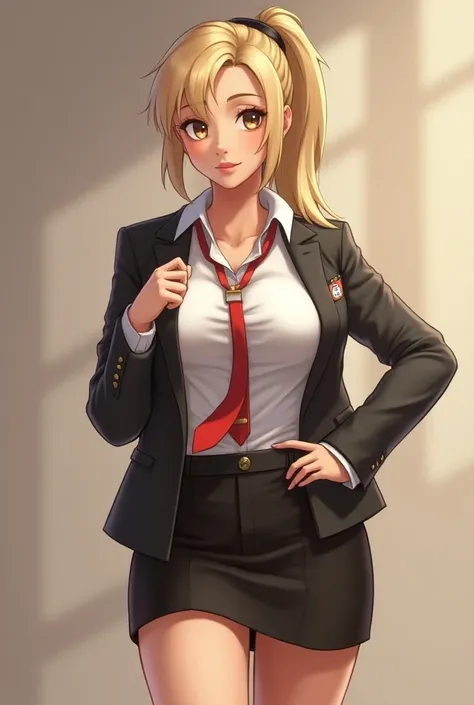 overwatch mercy in teacher outfit with short skirt. she unbuttoned her shirt and shows her bare breasts