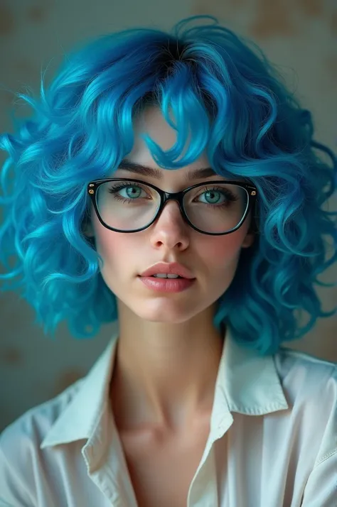 One with curly blue hair, and she wears glasses  