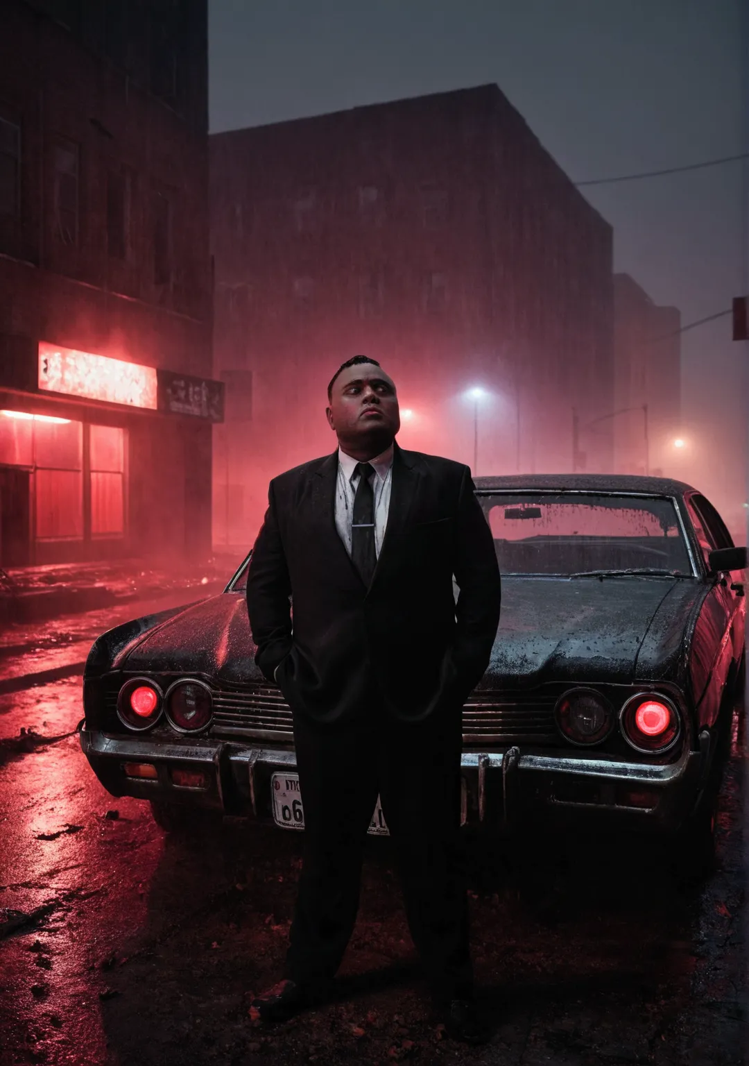 A chubby man standing next to a car wearing a black suit. Red sky, night, a rain-soaked, decaying city. The streets are abandoned, and the atmosphere is thick with melancholy. a view of a city at night with red lights and fog