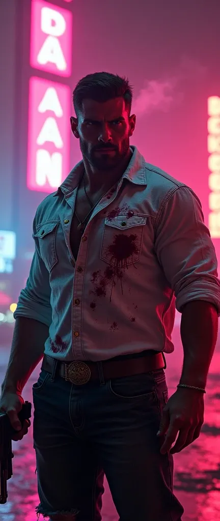 
Muscular man wearing  shirt with blood shed holding gun smoking cigarette in neon aesthetic cinematic wide angle landscape 