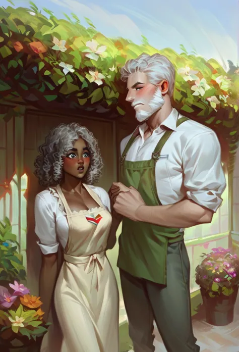 dark skinned woman. long curly hair.wearing beige dress apron. blushing. surprise. looking at  italian man. gray hair. white bea...