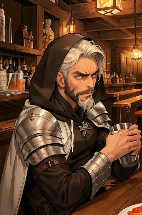 Man, short hair, hooded, leather armor, holding cup, angry, looking at screen, looking at camera, sitting at table, dingy, bar, tavern, lanky, angry, hood over head, beard, facial hair, stubble