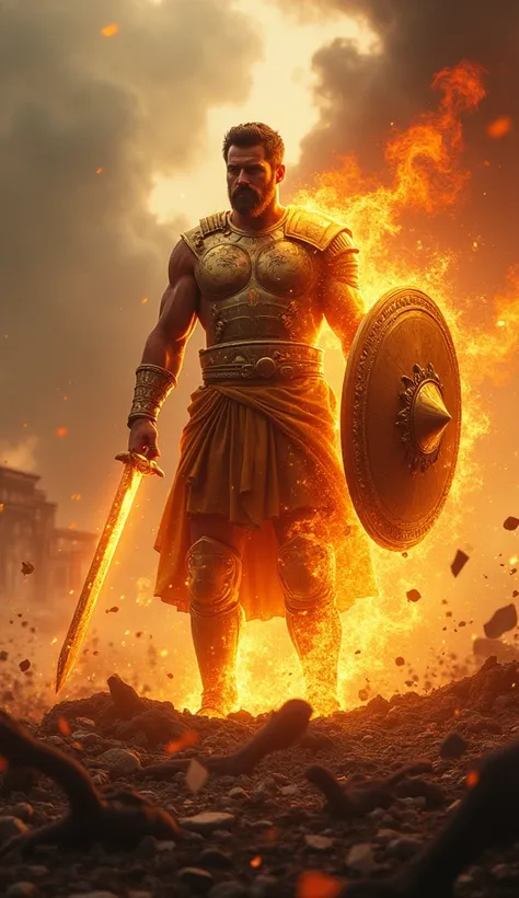 
"A towering Achilles on the battlefield, his golden armor and shining shield covered in blood and ashes, emerging as a god of war. His body is enveloped in a burning aura of golden and red fire, with flames dancing around from his shoulders and sword, ill...