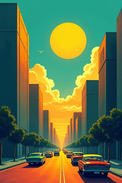 Generate an illustration of a retro city street at sunrise or sunset, with a large, vibrant sun low in the sky casting bold, dramatic shadows. The scene is framed by tall, rectangular buildings on both sides of the street, which are bathed in a strong, con...