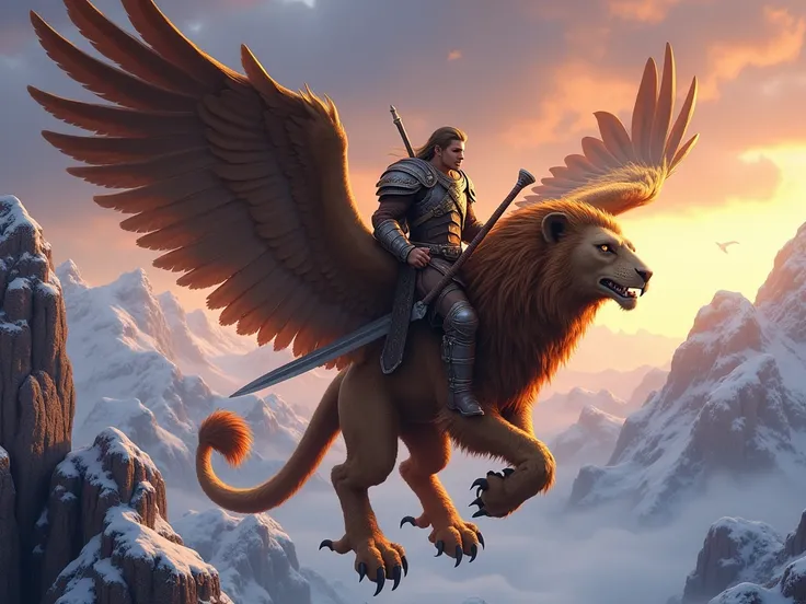 Un nain de lunivers de World of Warcraft. Le nain est vêtu dune armuire de cuire. Le nain chevauche un griffon  (corps de lion, tête ailes et serre daigle) de lunivers de World of Warcraft. Le griffon est équipé dune selle et de rene. Le nain chevauche le ...