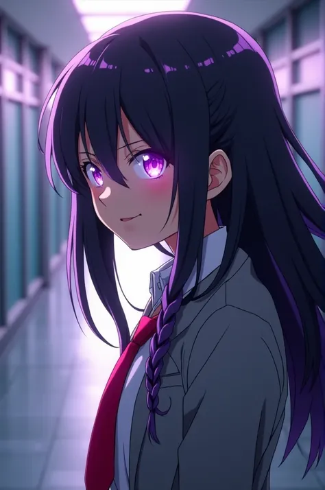  Screenshot of Boku no hero academy,  beautiful woman,  straight black hair with purple dreadlocks , with slanted eyes ,  purple eyes,  happy expression on the face , uniform grey jacket red tie,  walking school corridor in the background ,  looking at the...