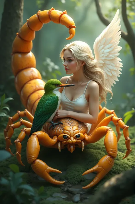 Un ange au visage féminin au corps de scorpion protégeant un oiseau pic vert