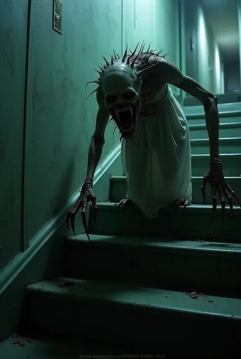 4k ultra realistic, sony A7RIV a terrifying creature with a haunting of a woman with big teeth climbing the basement stairs, she is climbing with her hands and feet