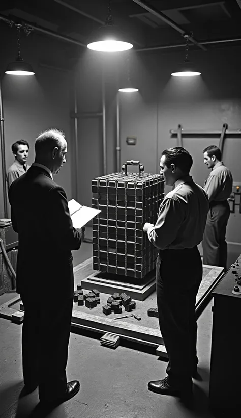 Enrico Fermi  supervisando la construcción del primer reactor nuclear en diciembre de 1942,  in an improvised laboratory under the stands of the University of Chicago stadium . } The scene shows several workers placing graphite and uranium blocks in a cubi...