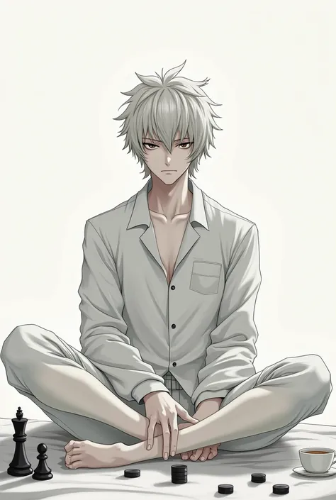 Crie um personagem masculino de Tokyo Revengers,  similar to Near from Death Note. Wearing white pajamas 