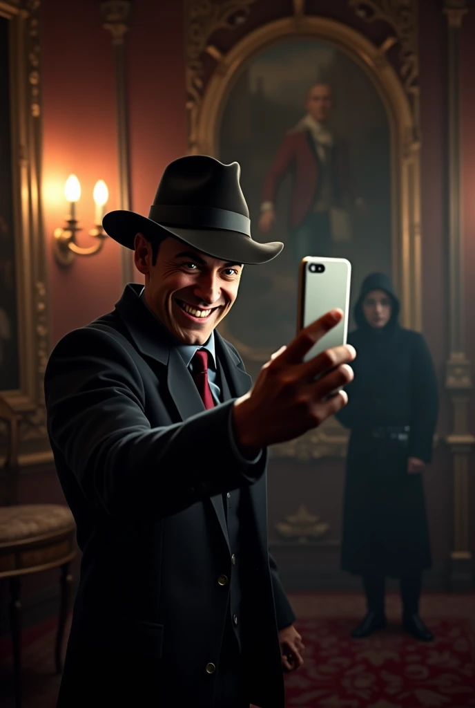 A thief taking a selfie smiling while his other colleagues steal 