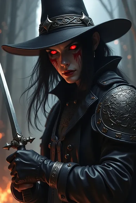 Image is a digital artwork featuring a dark fantasy character. The subject is a menacing figure with long, dark hair and glowing red eyes, wearing a wide-brimmed black hat adorned with a metallic emblem. His face is partially obscured by shadow, with intri...