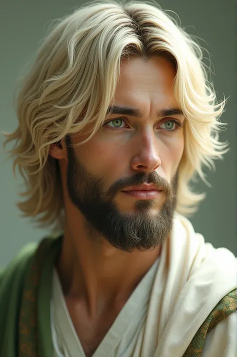 Jesus Christ with short blond Chinese ,  hair and green eyes 