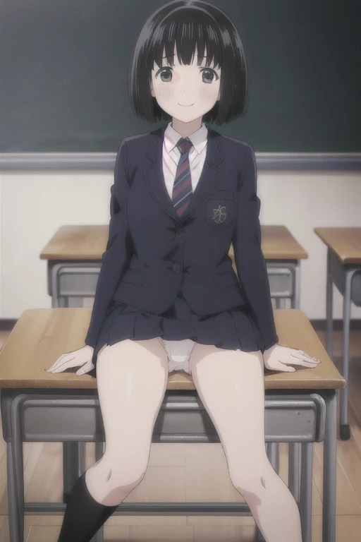 Alone,  1 girl,  Viewers, 2D, Anime, Anime coloring,  black hair、whole body, (classroom:1.3), Kogma, Navy blazer, tie,  miniskirt that snaps around the knee、( skirt raised:1.5、Show the panties to the auditioner)、 sit on a chair、blush:1.3,smile