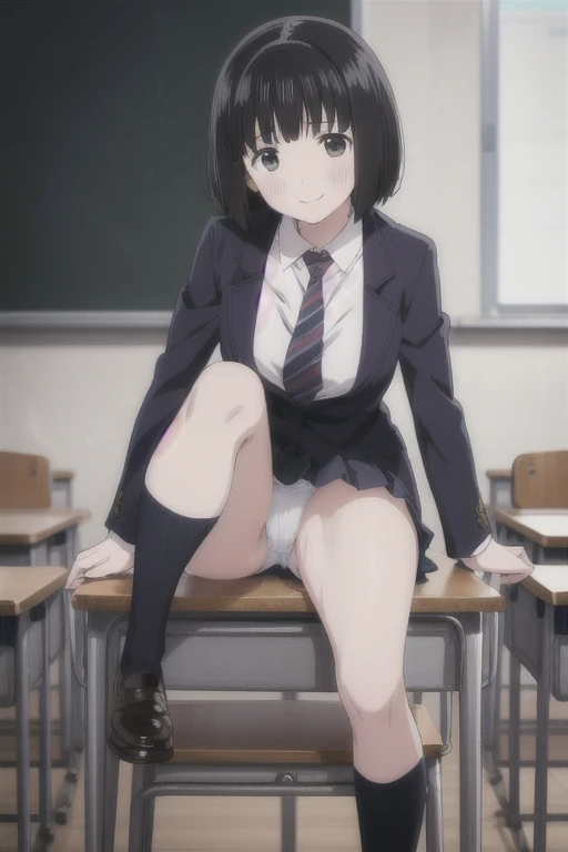 Alone,  1 girl,  Viewers, 2D, Anime, Anime coloring,  black hair、whole body, (classroom:1.3), Kogma, Navy blazer, tie,  miniskirt that snaps around the knee、( skirt raised:1.5、Show the panties to the auditioner)、 sit on a chair、blush:1.3,smile