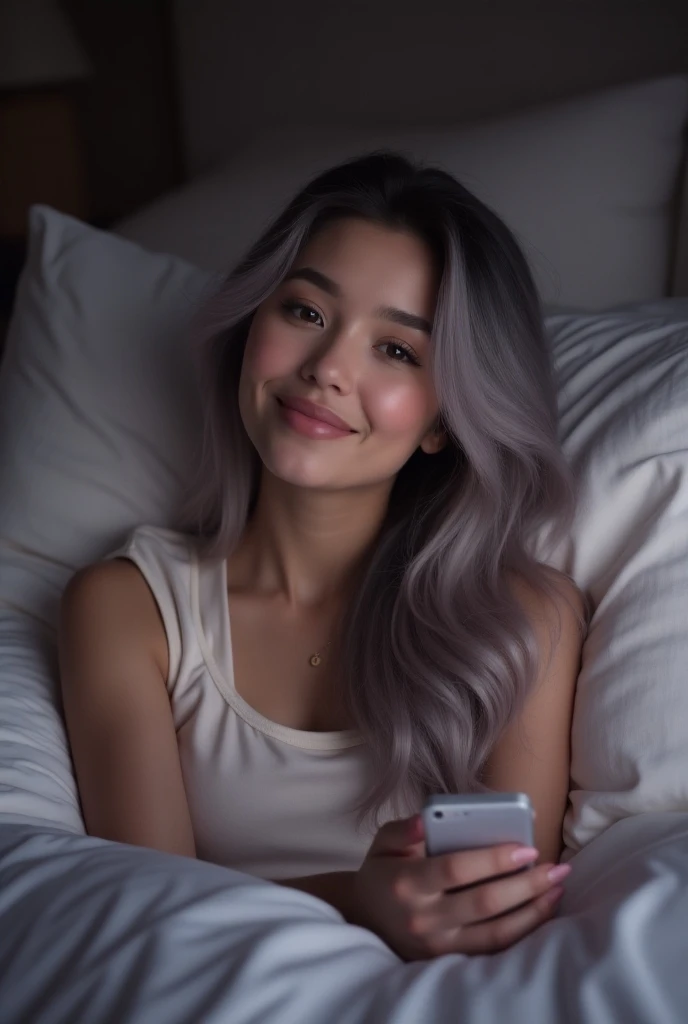 Beautiful woman with silver grey lilac tint ombre hair lying in bed at night taking a selfie in her pjs smiling 