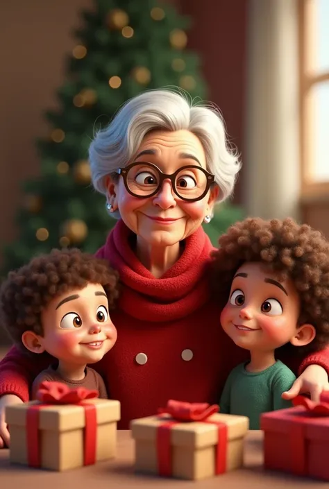  image of a 70-year-old nanny ,  short and gray hair .  she is wearing glasses and is surrounded by  curly chestnut boy,  dune  fille de 2 ans et demi brune,  long and curly and  and a half brown hair , curly and short .  Christmas theme with trees and gif...