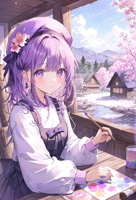 ((pastel))、 she is painting in a log house,The painter , is wearing a beret,The white campus ,  one woman,Watercolor, she has a rough look ,Mauve Hair,Inward curls, purple eyes,I have a cherry blossom mark , high definition ,  glitter effect,  best quality...