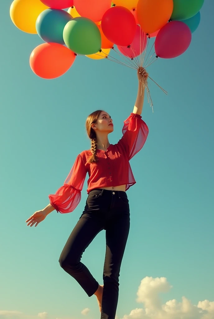 Image of a woman standing on her back wearing a red wine blouse with translucent sleeves ,  black pants ,  with a braid in her hair and holding balloons with her left hand up 