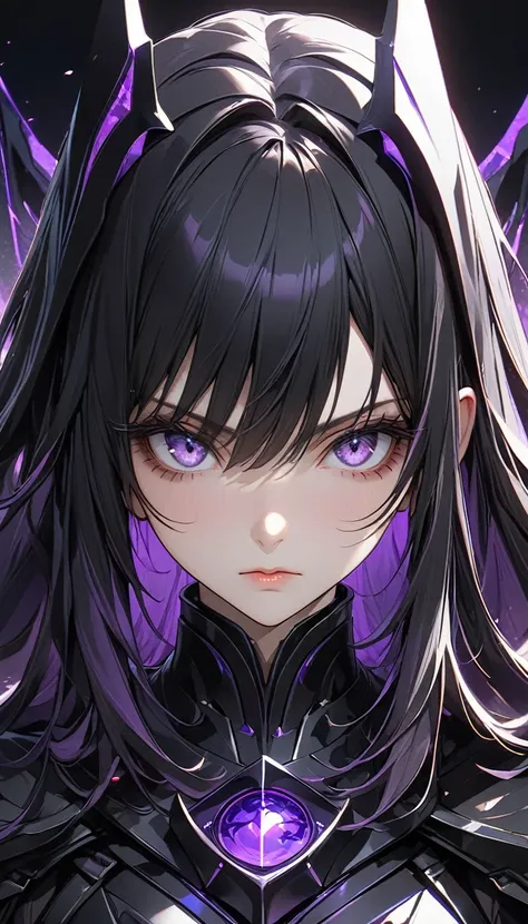 adult girl, very long black hair, serious, purple eyes, black dark Jedi armor, dark knight armor, purple elements, Masterpiece, best quality, Full HD, 8k, ultra details, great graphic, anime style, 2D, detailed eyes, beautiful eyes, beautiful face, beautif...