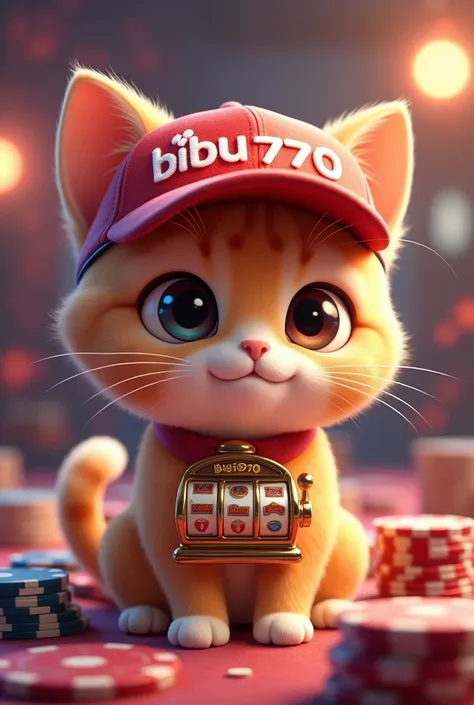  A cute cat with a cap written  "BIUBIU777 "  and with several slot machines on the back and casino chips , 