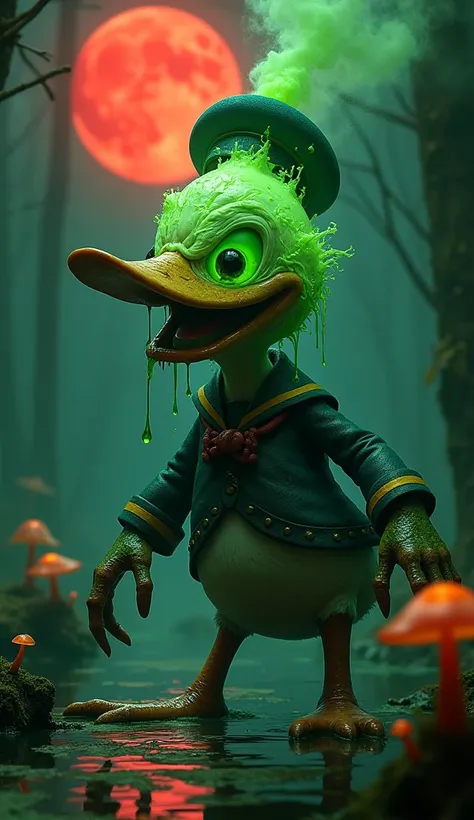 Create a terrifying hybrid creature that fuses Donald Duck and a poison bottle. The creature’s body retains Donalds iconic features, but with grotesque, poisonous alterations. His face is partially melted, exposing a green, toxic liquid oozing from cracks ...