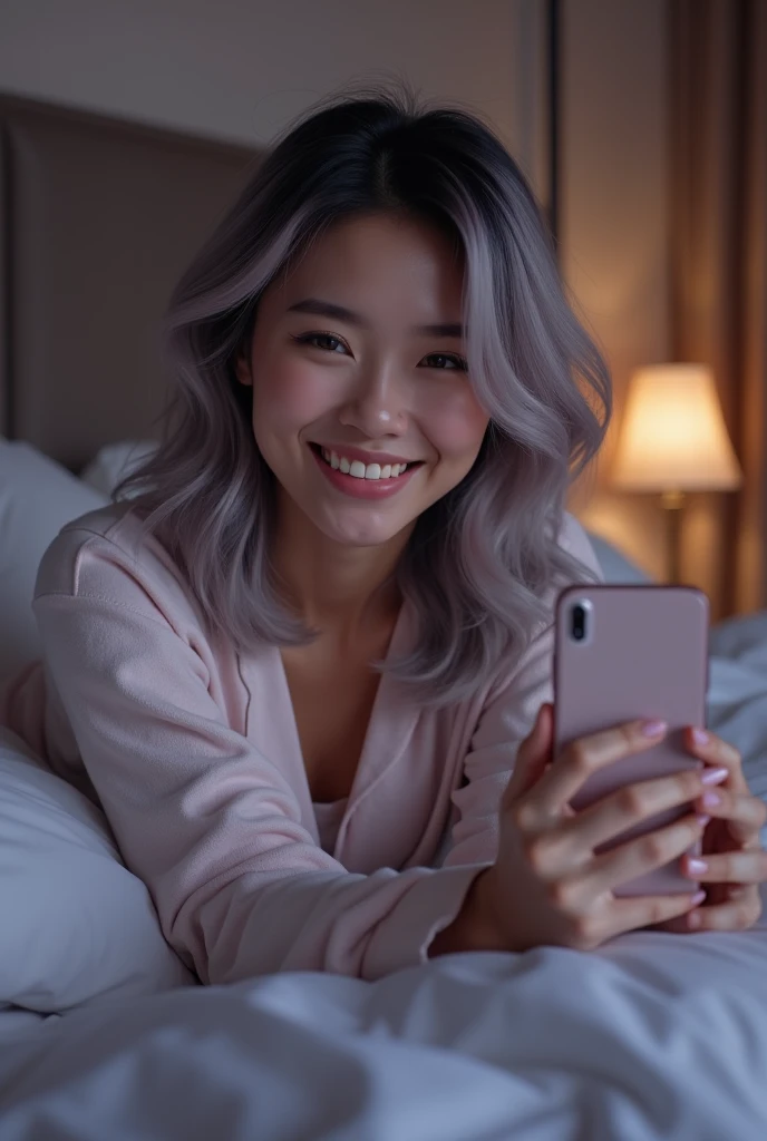 Beautiful woman with silver grey lilac tint ombre hair lying in bed at night taking a selfie in her pjs smiling 