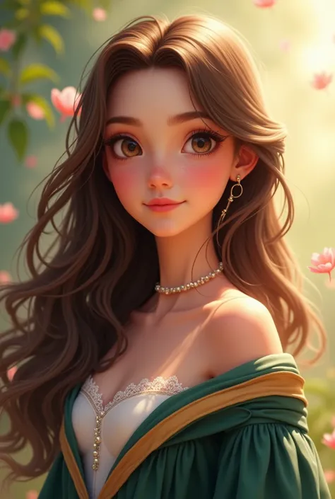 Beautiful animated girl with long wavy brown hair brown eyes wearing graduation clothes 