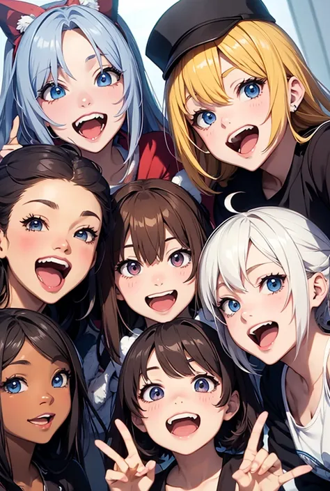 group of anime happy, Open Mouth, selfie, smile