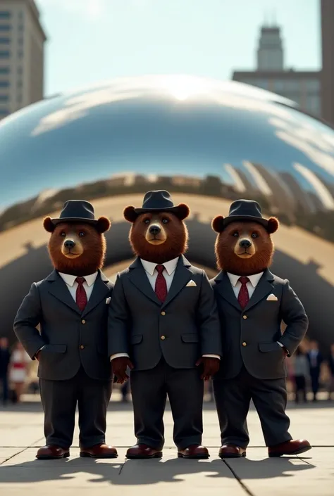 three 3 gangster bears at The Cloud Gate during the day in one point perspective looking from below and the sculpture in the background