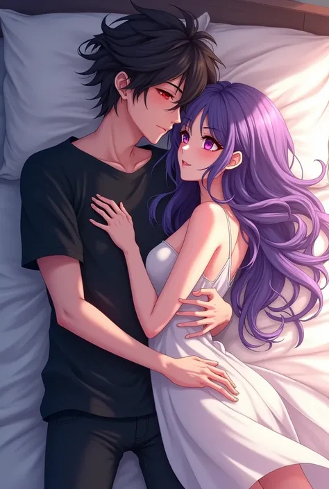 Handsome anime guy with red messy hair, red eyes, black shirt, black pants, sleeps with beautiful anime lady with purple straight hair, purple eyes, white dress, 