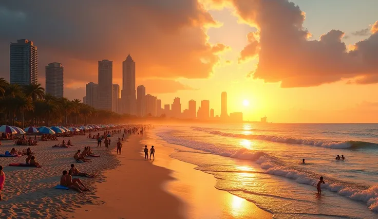 A wide-angle view of Boa Viagem beach during sunset, with city skyscrapers in the background. Tourists are lounging on the beach, unaware of the dangers lurking in the water. The scene feels vibrant but holds an undercurrent of tension. Foto realista, —ar ...