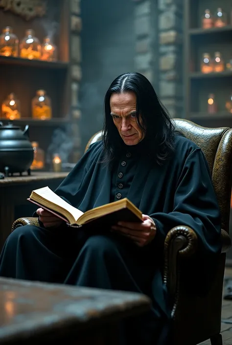 A photorealistic image showing face Severus Snape (Alan Rickman), a middle-aged man with sallow skin, greasy black hair and a stern expression, reading on an armchair in a room full of potion ingredients at Hogwarts. The room is dimly lit with stone walls,...