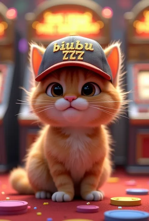  A cute cat with a cap written  "BIUBIU777 " The text must be gold,  and with several slot machines on the back and casino chips , 