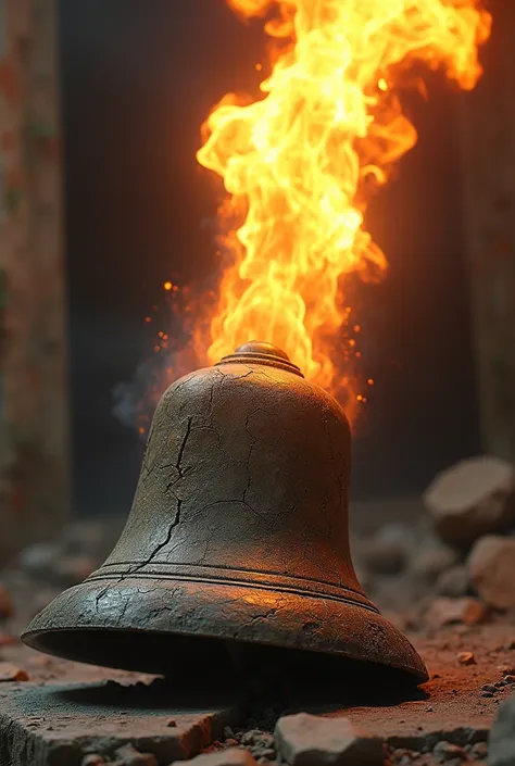 A cracked bell with an explosion it appears to clap and above it a flame, The bell has to be on the side