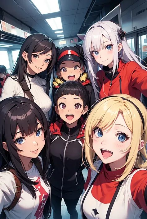 group of anime happy, Open Mouth, selfie, smile