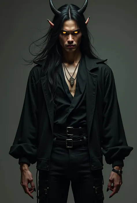 A chiseled Japanese sturn man with glowing yellow eyes and long black hair. On his head are small black horns. He is wearing a black cardigan jacket and a black undershirt his pants are black with straps on the sides. His nails are sharp and black.