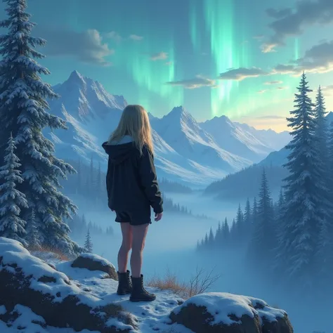 original image:  a young blond girl wearing a black jacket and shorts, standing,  watching the landscape at the top of a hill .  Scenery with icy mountains , detailed trees with snow ,  sky with aurora borealis . fantasy style, soft light,  porn movie , in...